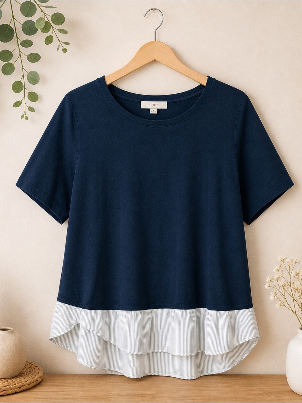 LOFT Navy Short Sleeve Top with White Layered Ruffle Hem
